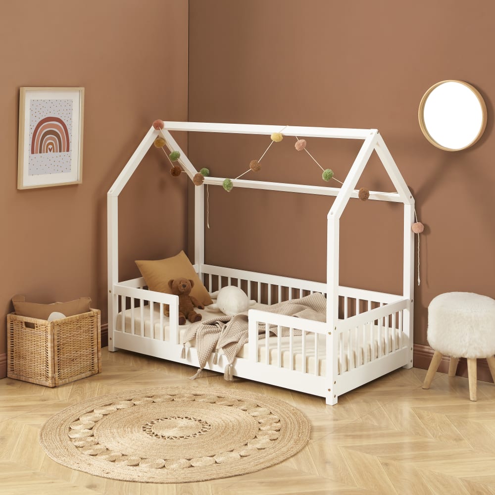 Lit cabane avec barrières  pin massif blanc 70x140cm sommier (Baita) - Image 1
