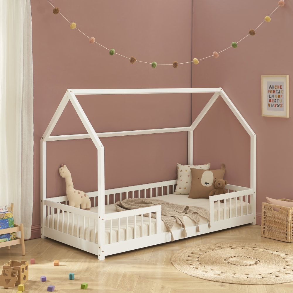 Lit cabane avec barrières  pin massif blanc 90x190 sommier (Baita) - Image 1