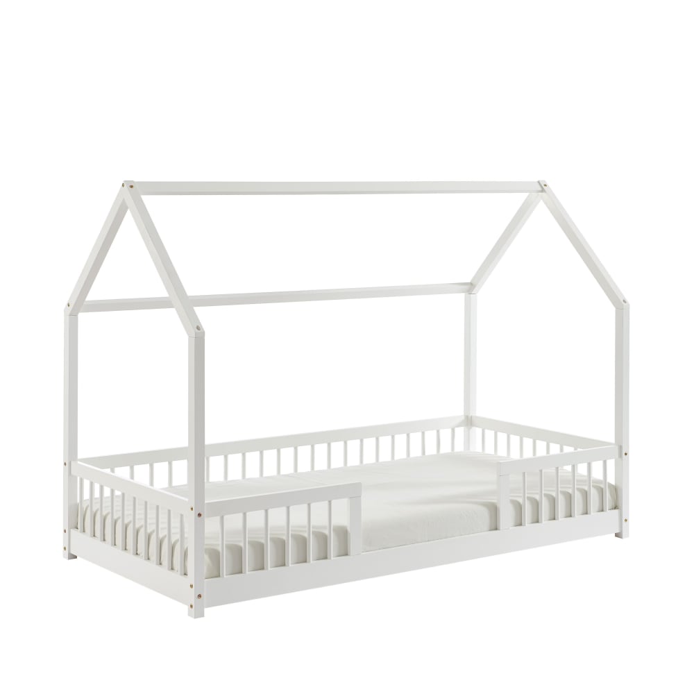 Lit cabane avec barrières  pin massif blanc 90x190 sommier (Baita) - Image 2