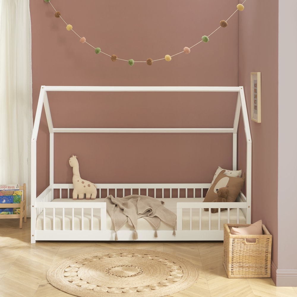 Lit cabane avec barrières  pin massif blanc 90x190cm sommier (Baita) - Image 2