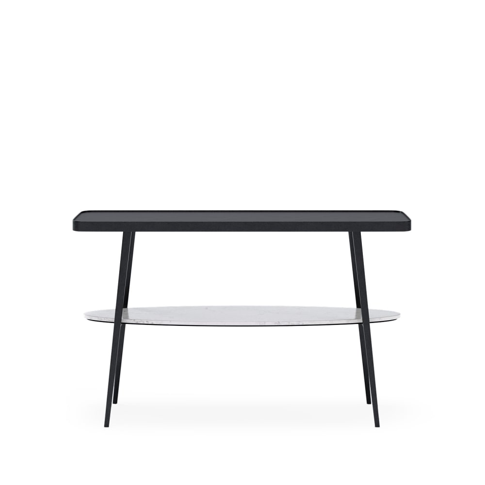 Console en métal noir et étagère en marbre veiné de gris