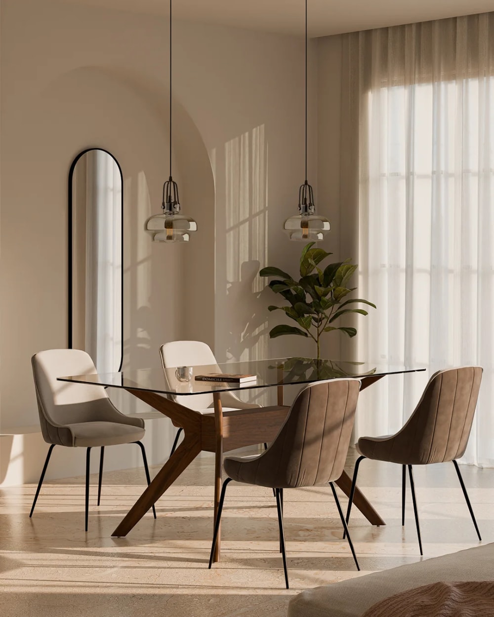 Polsterstuhl im Mid-Century-Stil mit braunen Details beige -