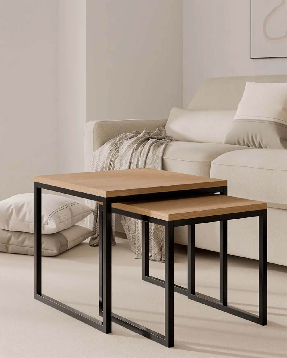 Set aus schwarzen Metalltischen mit Holzfurnierplatten - Maisons