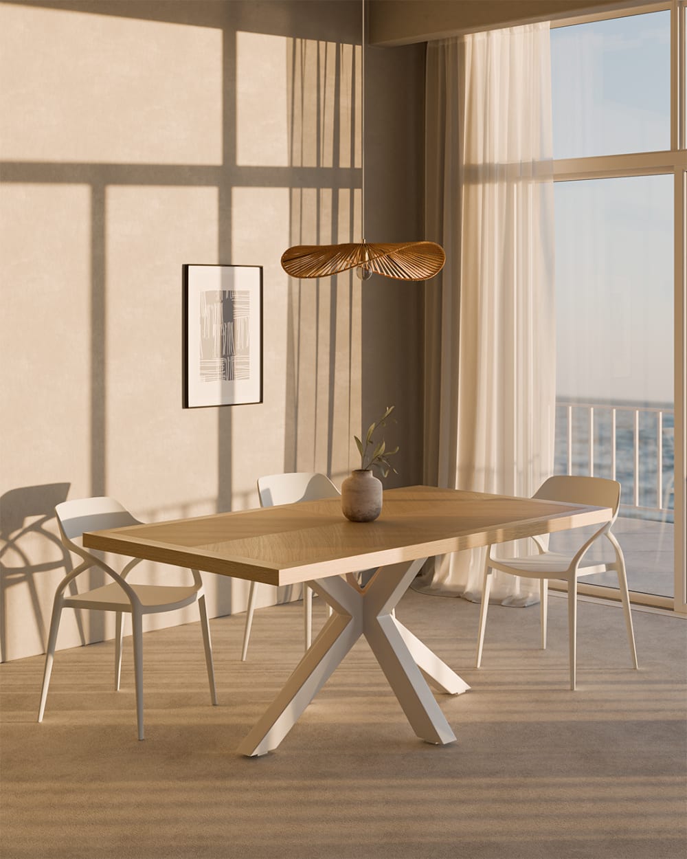 Esstisch 140 cm furnierte Eiche mit zentralem Fuß, weiß - Maisons