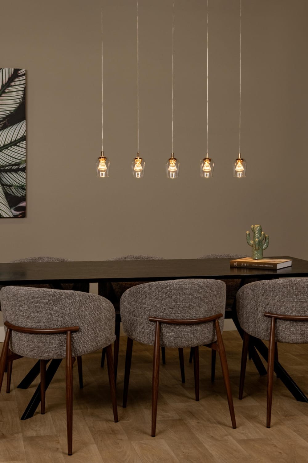 Suspension verre 5 lumières verre transparent 90 cm