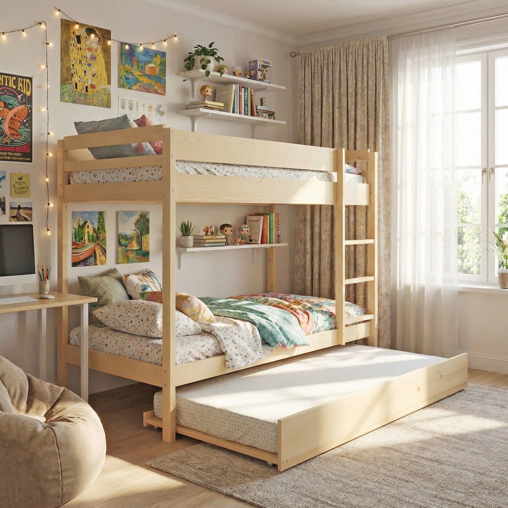Lit superposé avec 1 tiroir lit en épicéa, bois clair, 90x190 cm