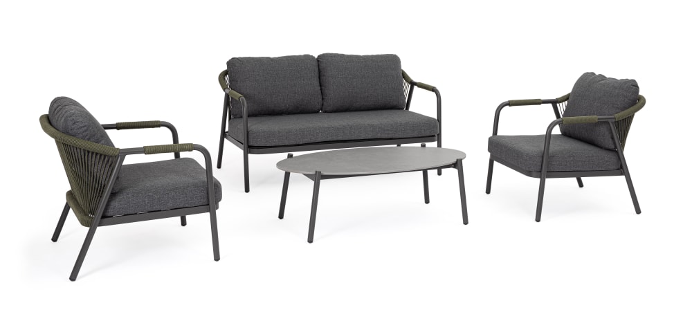 Salon+avec+coussins+en+aluminium+et+corde+anthracite/vert