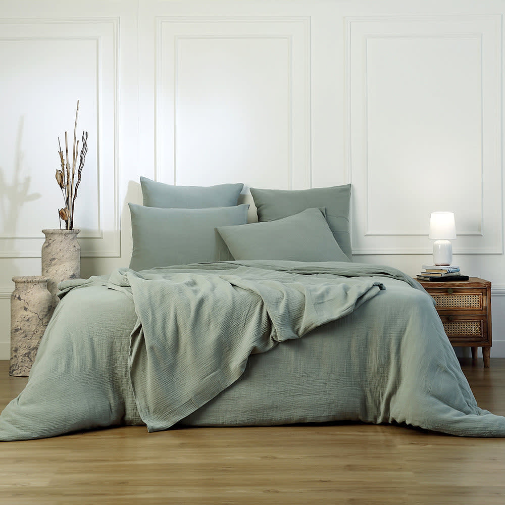Parure + taies 65x65 gaze de coton céladon 140x200