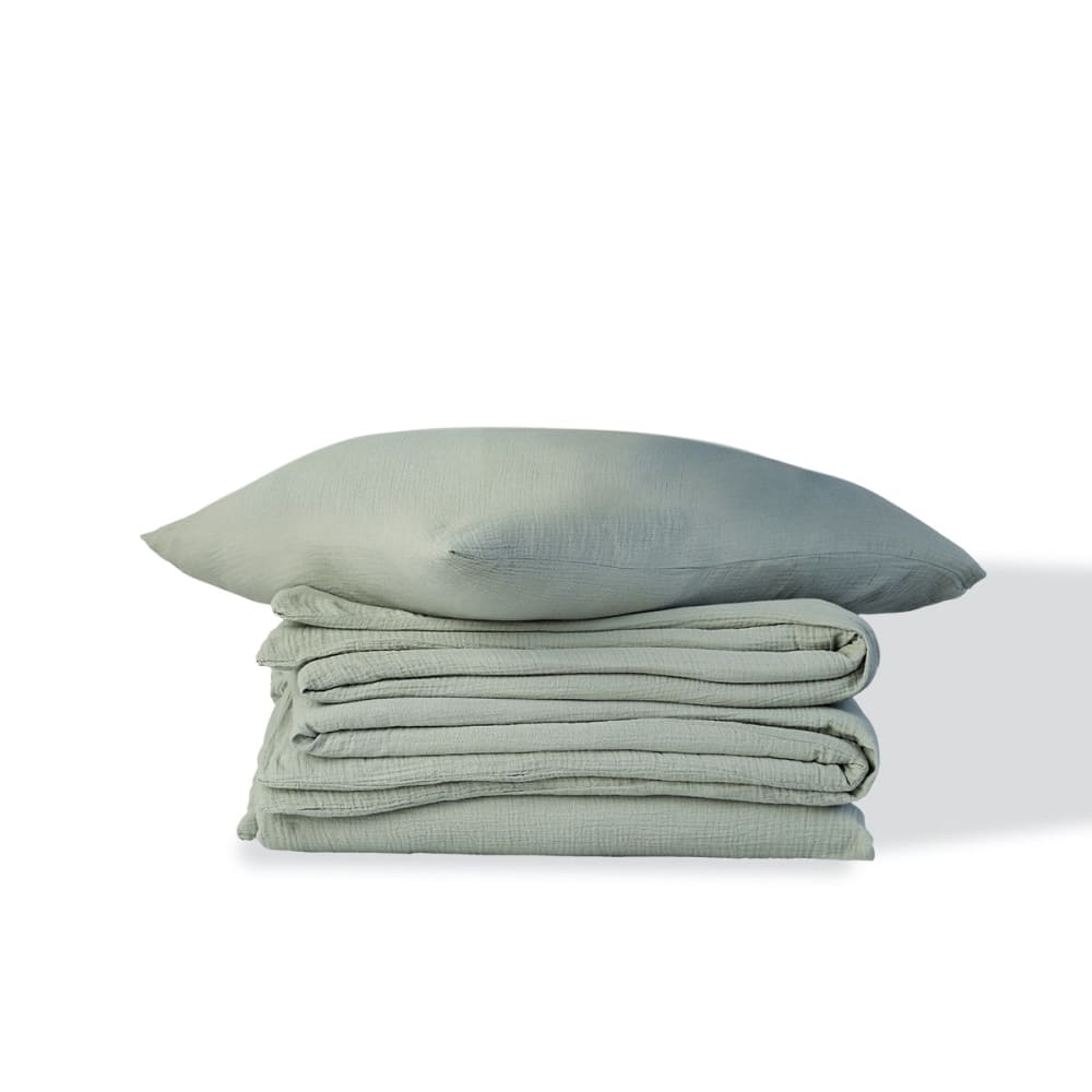 Parure + taies 65x65 gaze de coton céladon 140x200