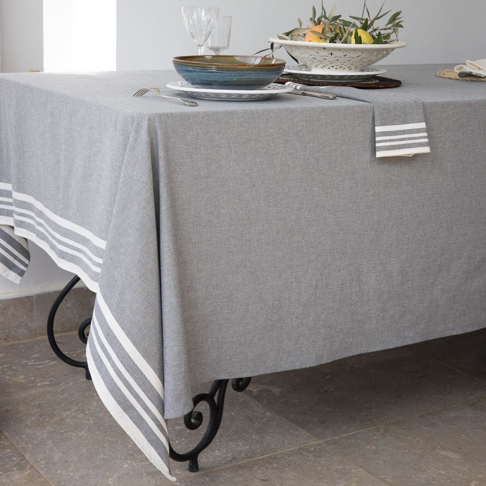 Nappe + 8 serviettes coton 180x300 gris moyen - Maisons du Monde