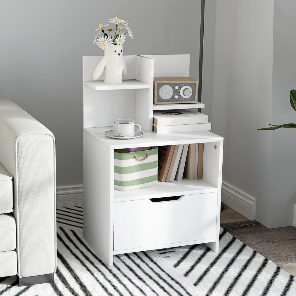 Nachtkombi mit Schubladen, Regal & Holzoptik Weiß - Maisons Du