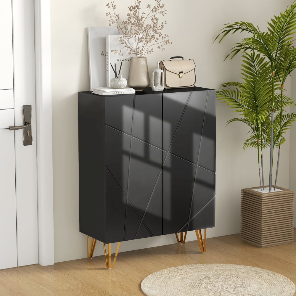 Art-déco-Schuhschrank, schwarzlackiert & Goldstahl - Maisons Du