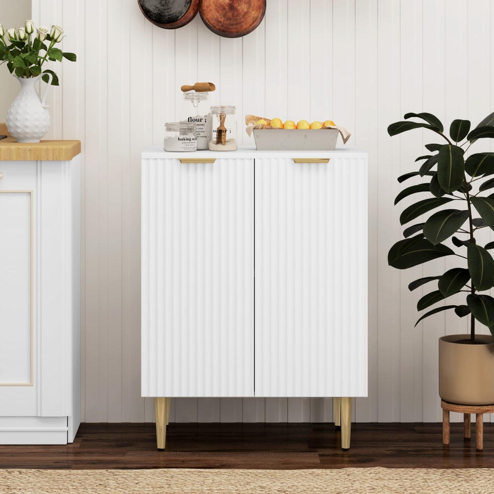 Buffet 2 portes étagère design effet cannelé métal doré blanc - Maisons du Monde