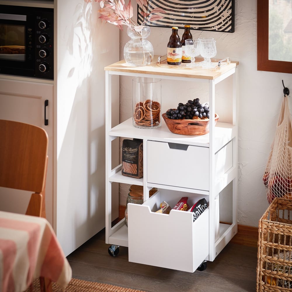 Desserte effet bois blanc à roulettes avec 2 tiroirs et 3 étagères