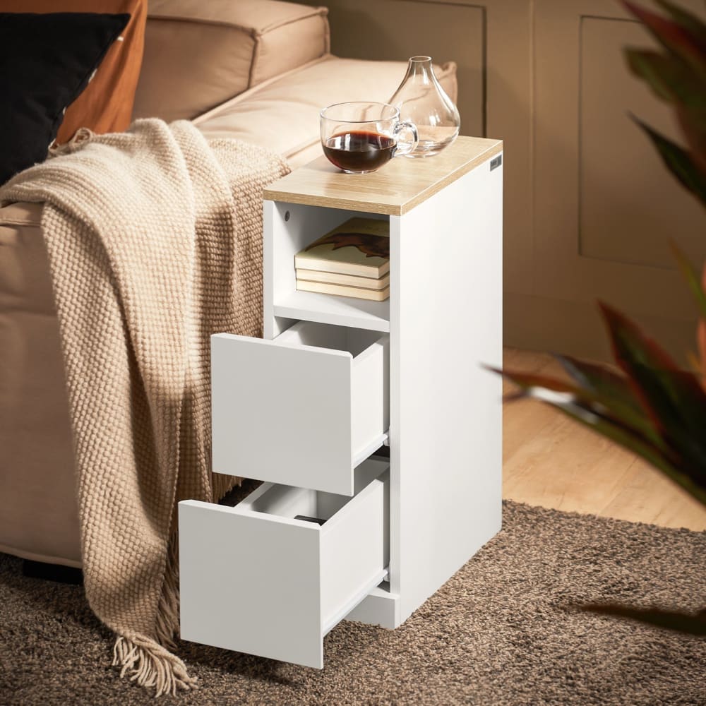 Table de chevet étroite blanche avec 2 tiroirs 20x35x60 cm