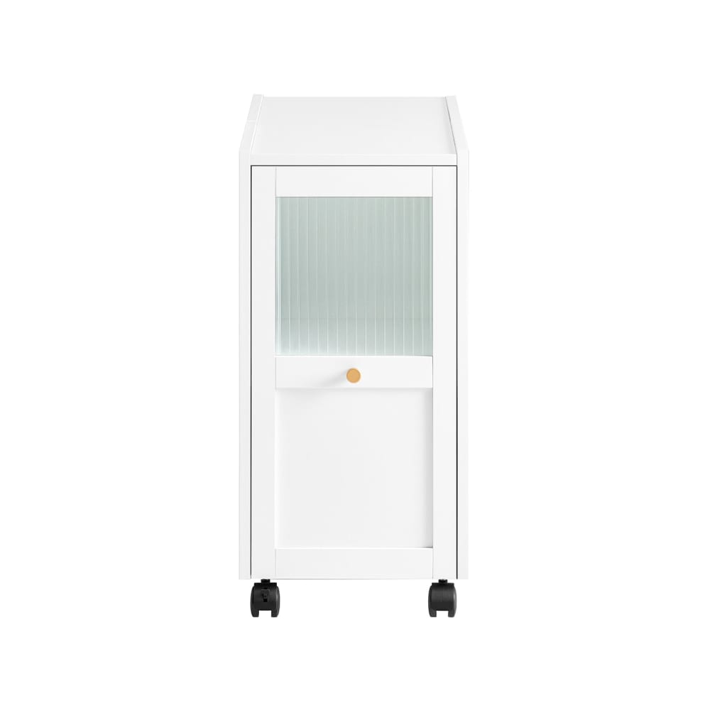 Bout de canapé effet bois blanc sur roulettes 1 tiroir et 2 portes