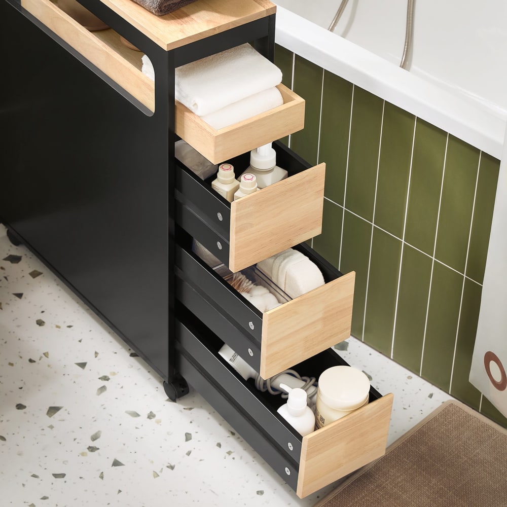 Nischenregal Küchenregal mit Rollen aus MDF(E1) Bambus Schwarz -