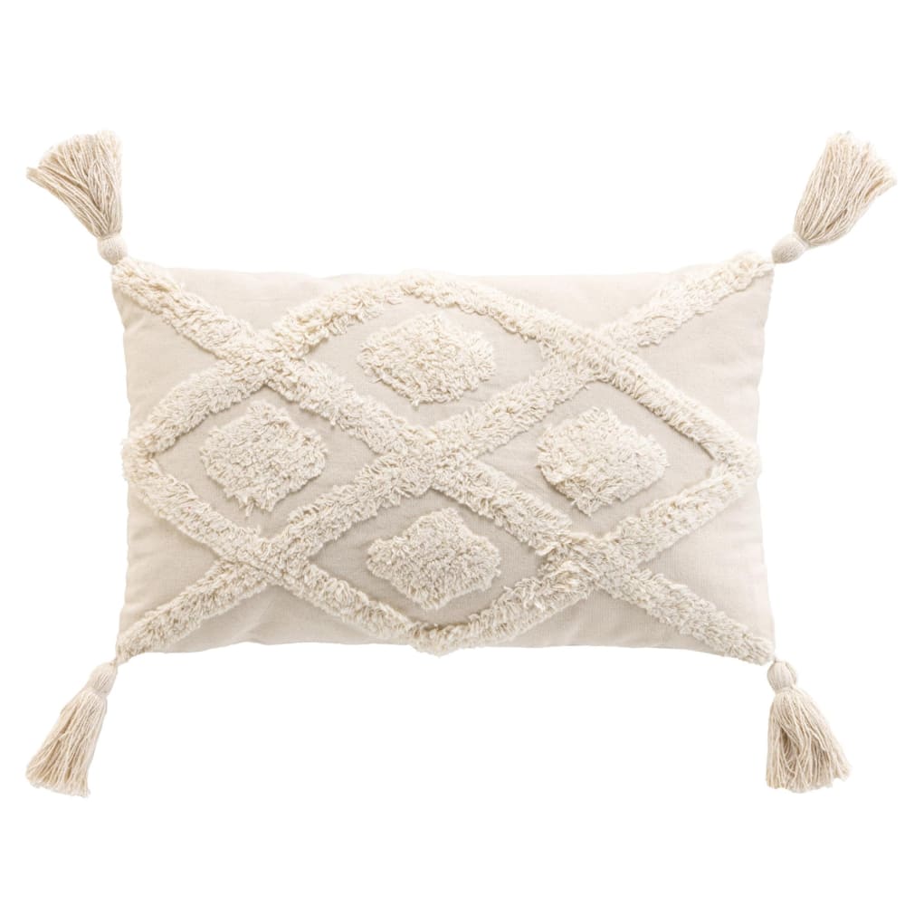 Coussin bohème tufté déhoussable coton/polyester blanc cassé 0 x 50