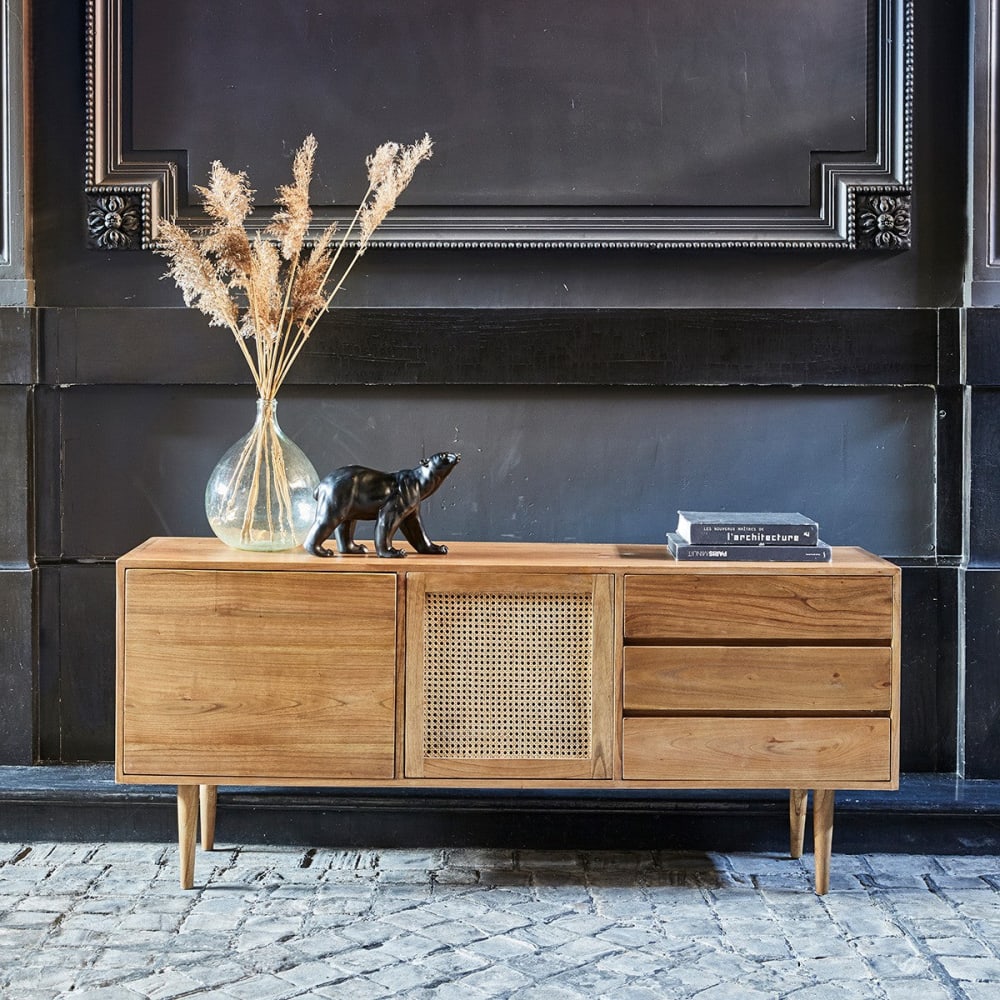 BERAH GETAH Kommode aus massivem Mindy und Rohrgeflecht 175 cm HANA style modern Beige Holz