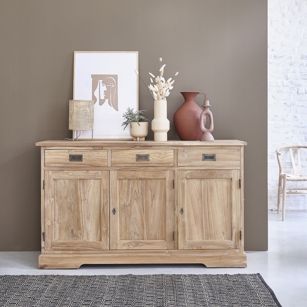 BERAH GETAH Kommode aus massivem Teakholz 3 Türen 3 Schubladen 150 cm style modern Beige