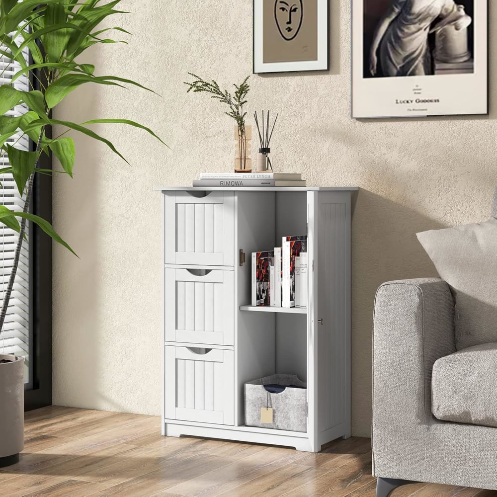 Rangement salle de bain 3 tiroirs 1 armoire blanc 60x30x82cm - Maisons du Monde