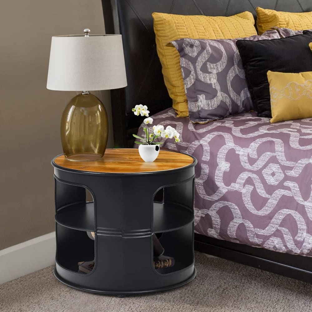 Table basse ronde à 3 niveaux métal et bois noir 50 x 50 x 41,5cm - Maisons du Monde