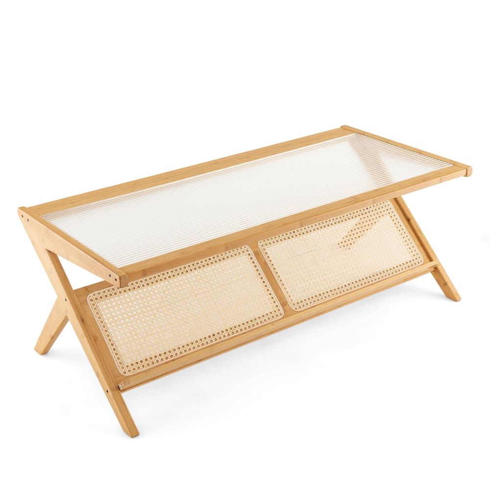 Table basse bambou et verre transparent dépoli 120x56x44,5cm