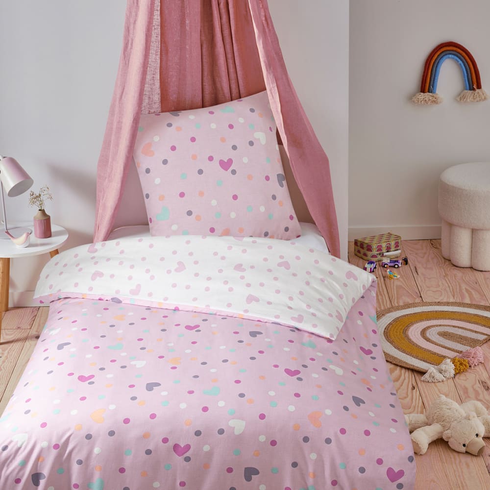 Parure de lit enfant pois et cœurs réversible 140x200cm