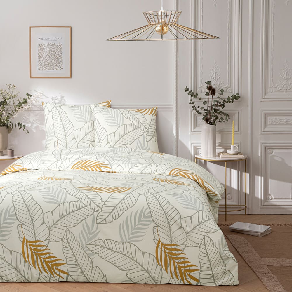 Future Home Parure de lit 2 personnes imprimé végétal 260x240cm Beige Certifié Oeko-Tex Coton