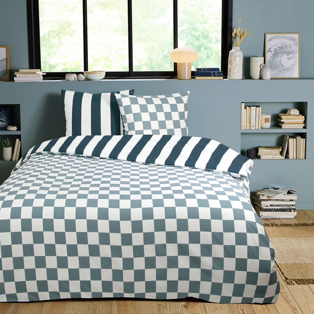 Future Home Parure de lit 2 personnes damier rayé réversible 240x220cm Bleu Certifié Oeko-Tex Coton