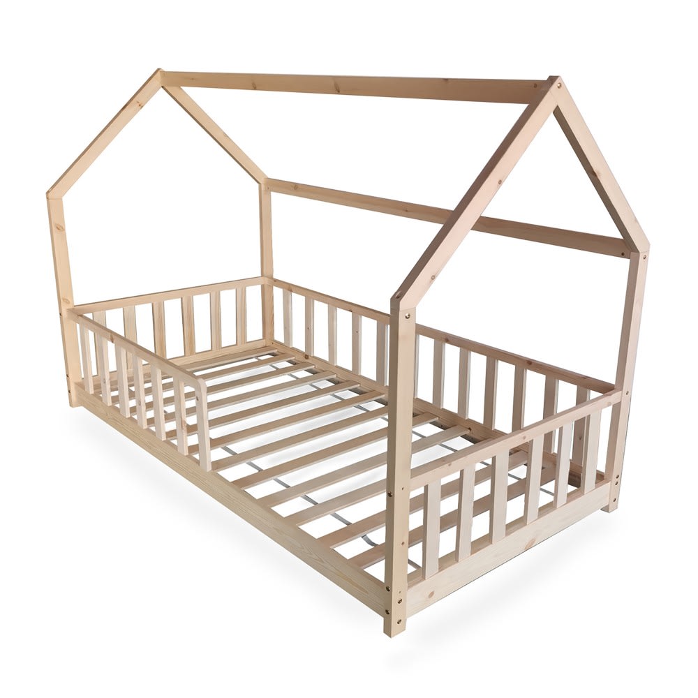 Lit cabane avec sommier et barrière naturel 90x200 (Weber industries) - Image 1