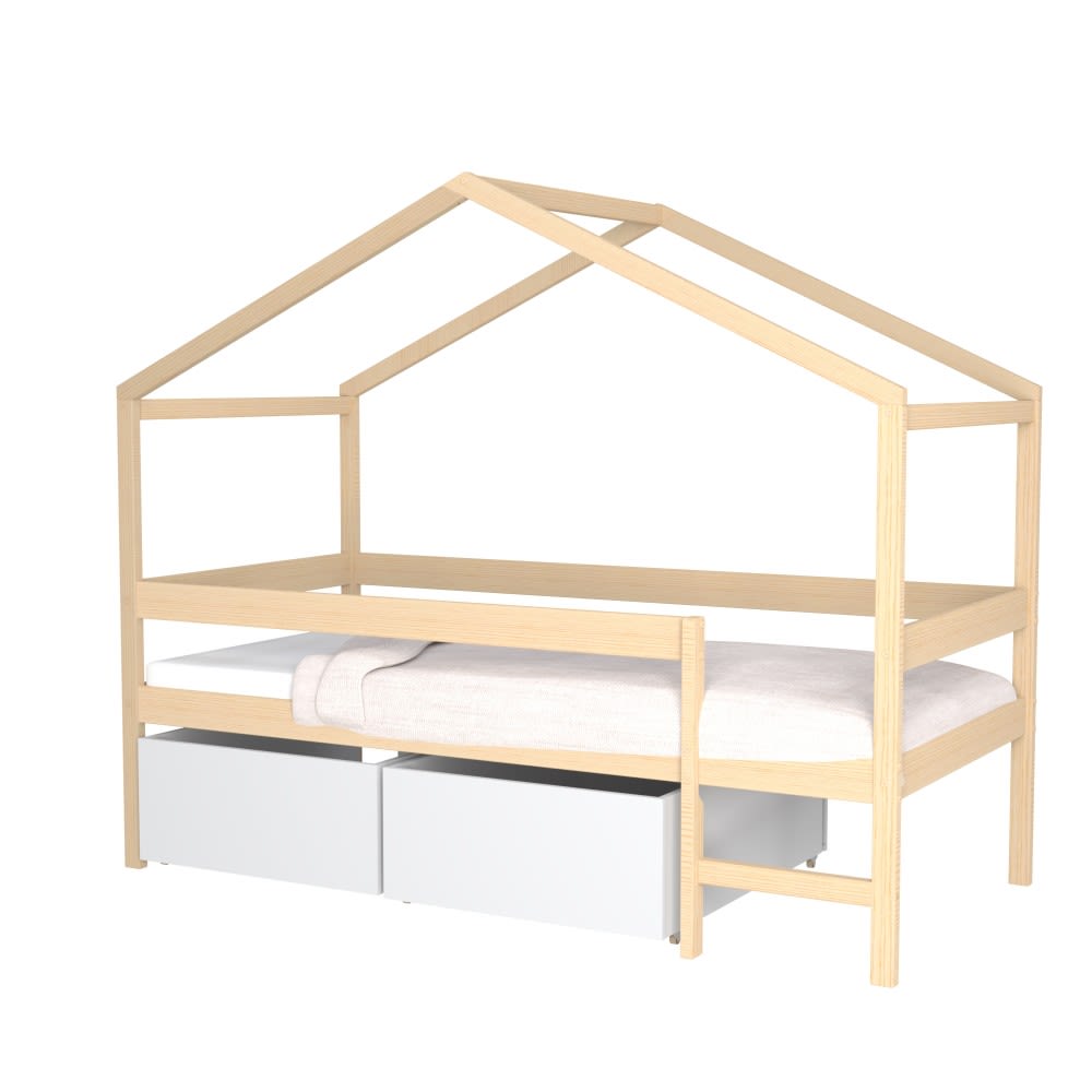 Lit cabane 2 tiroirs avec matelas, bois clair et blanc, 90x190