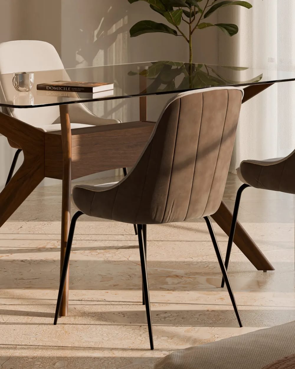 Polsterstuhl im Mid-Century-Stil mit braunen Details taupe -