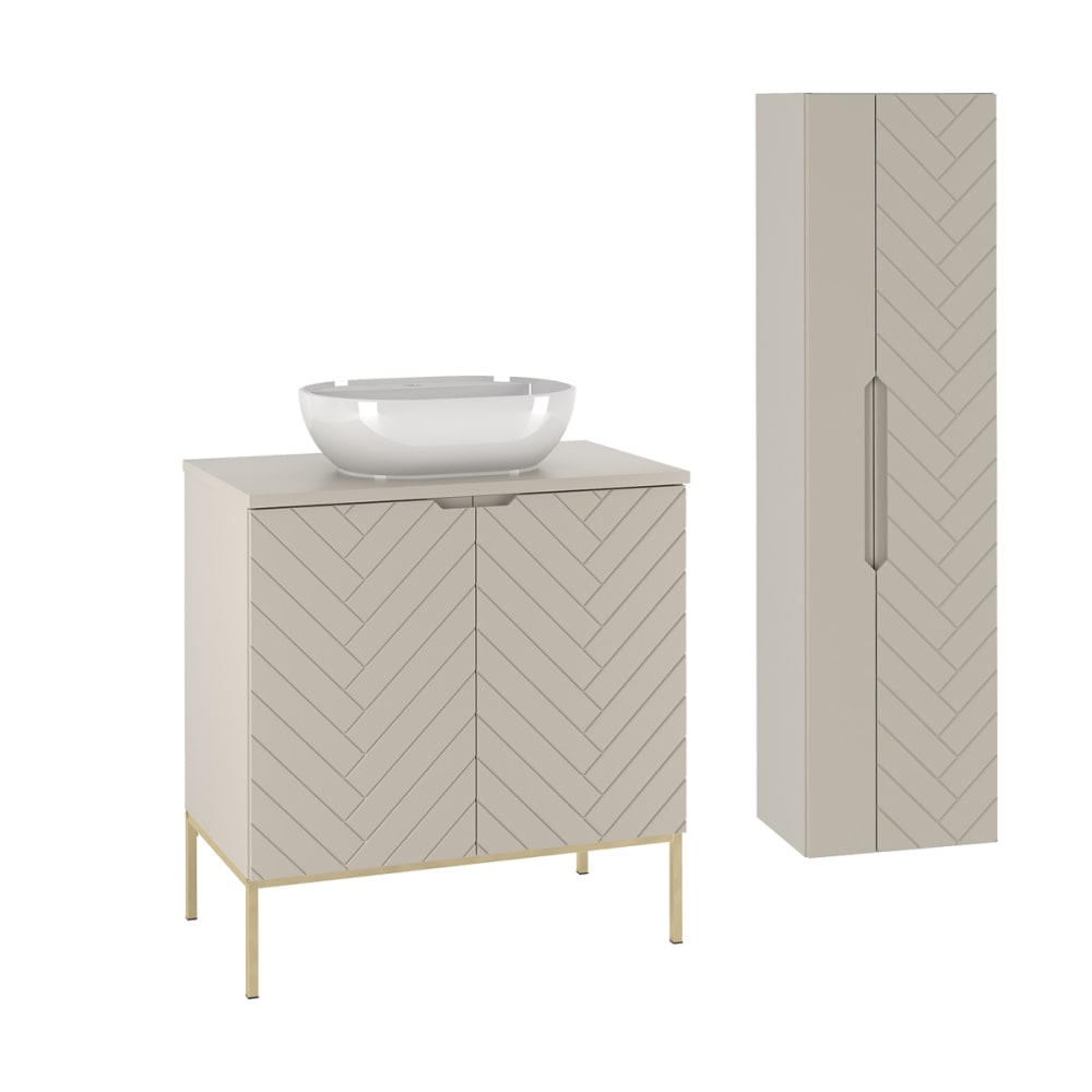 Ensemble meuble vasque 2 portes sur pieds colonne stratifiés beige