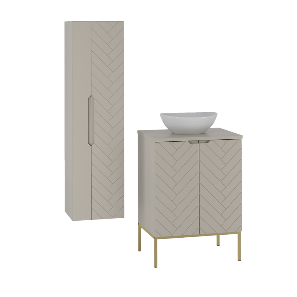 Ensemble meuble vasque 2 portes sur pieds colonne stratifiés beige