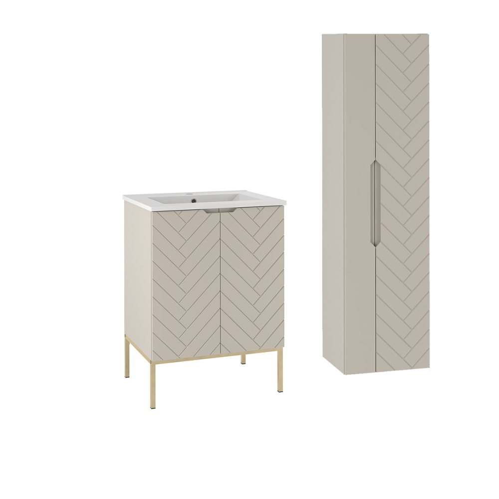 Ensemble meuble vasque encastrée sur pieds colonne stratifiés beige