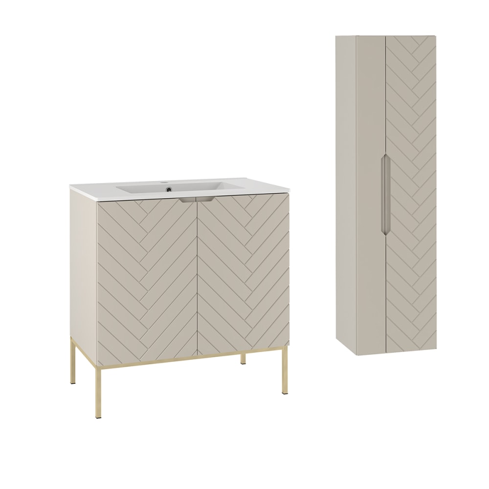 Ensemble meuble vasque encastrée sur pieds colonne stratifiés beige