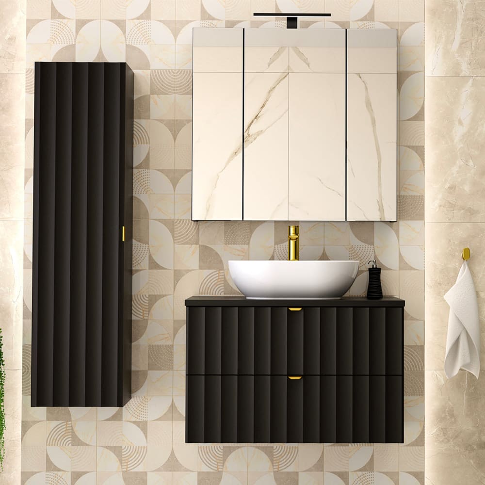 Petits meubles Ensemble meuble simple vasque 80cm panneaux mélaminé et mdf noir Noir Panneau De Particules - 81x52x47cm