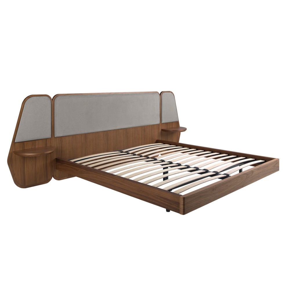 Lit en noyer et tissu gris Lit en noyer et tissu gris