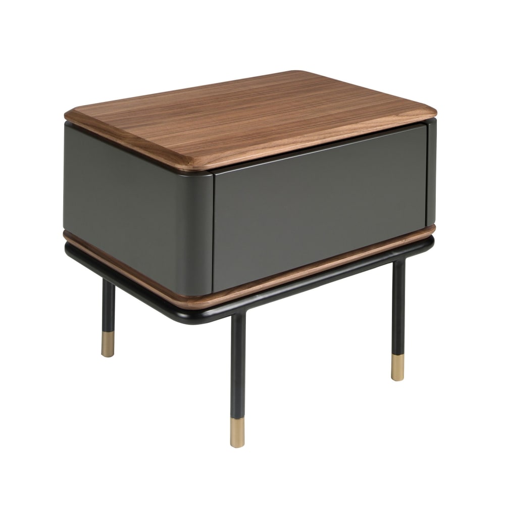 Table de nuit en bois gris foncé mat, acier noir et plateau en noyer Table de nuit en bois gris foncé mat, acier noir et plateau en noyer