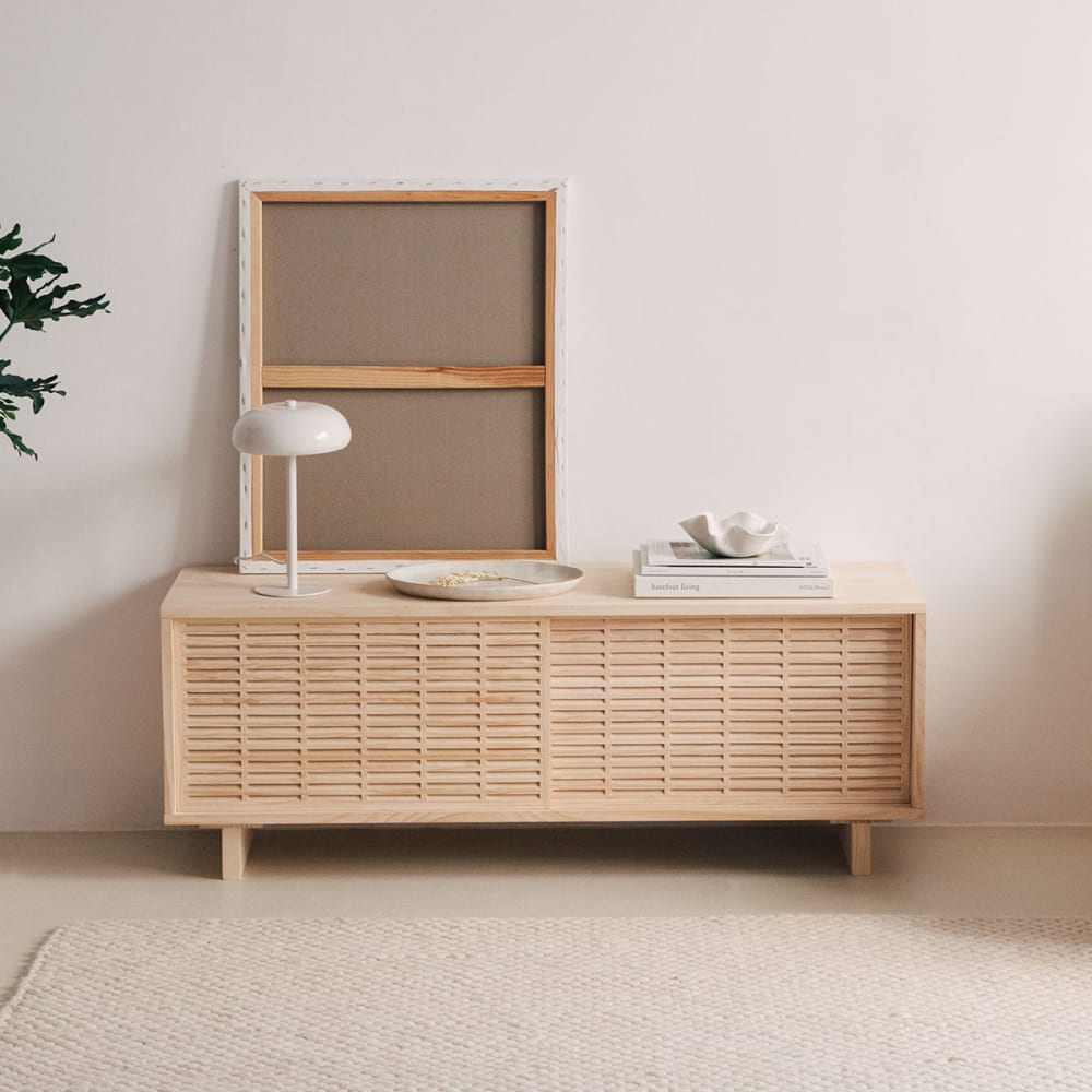 Meuble TV en bois de pin massif naturel 120 cm Verni