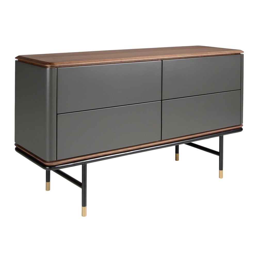 Commode en bois gris foncé mat, acier noir et plateau en noyer Commode en bois gris foncé mat, acier noir et plateau en noyer