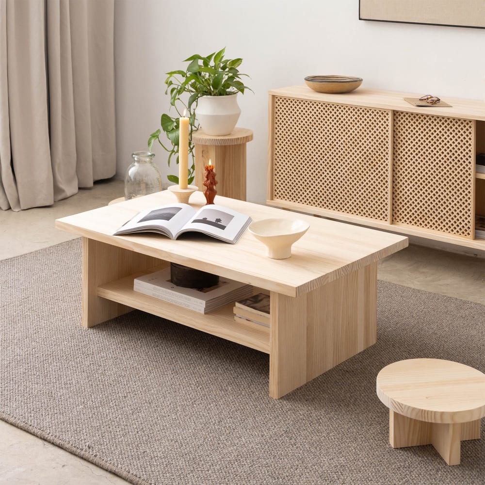 Table basse rectangulaire en bois massif naturel 100 cm Verni