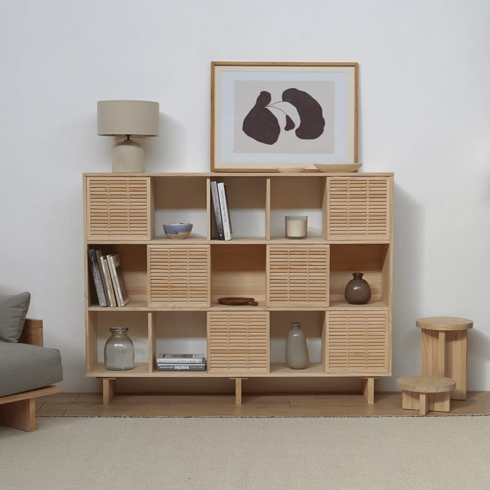 Bibliothèque en bois massif naturel 6 portes 160 cm Verni