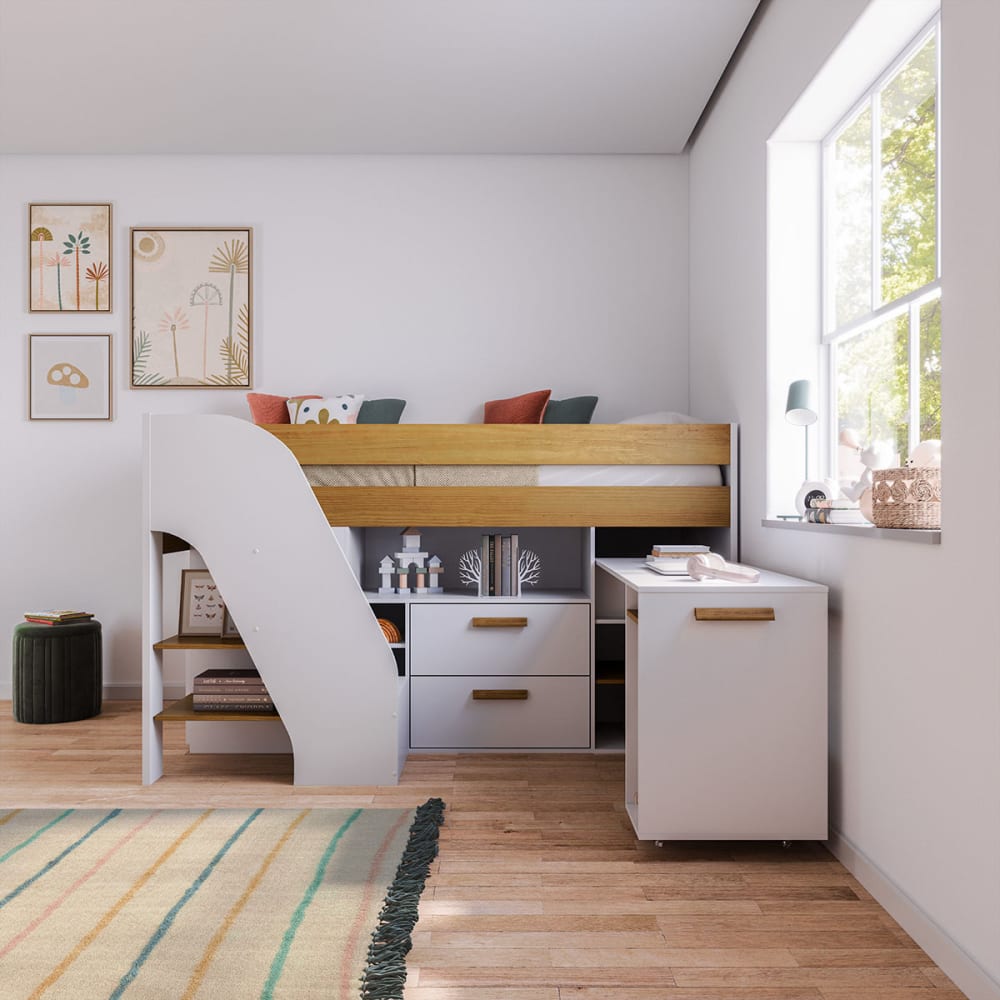Lit mi-hauteur combiné avec bureau blanc et noisette 90x200 cm - Maisons du Monde