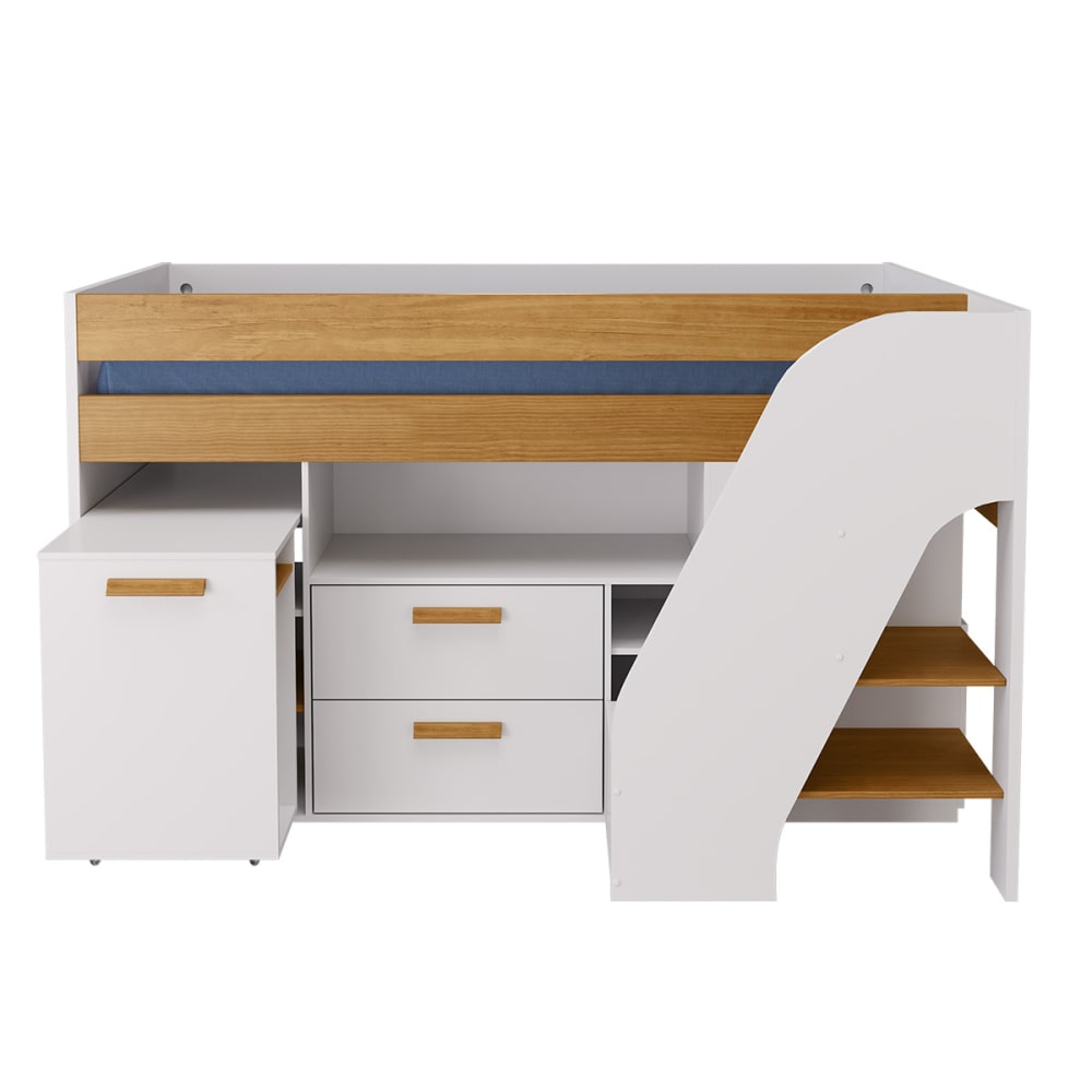 Pack lit mi-hauteur avec bureau et matelas blanc et noisette 90x200 cm