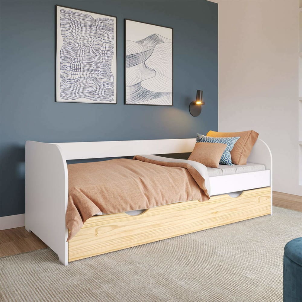Lit banquette gigogne blanc et bois 80x200 cm - Maisons du Monde