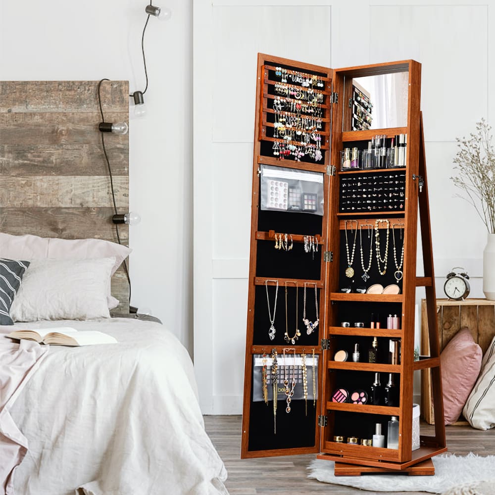 Armoire à bijoux avec miroir avec étagère de rangement marron