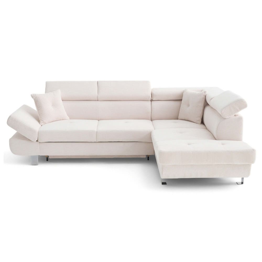 Canapé d'angle droit convertible 5 places en velours côtelé beige