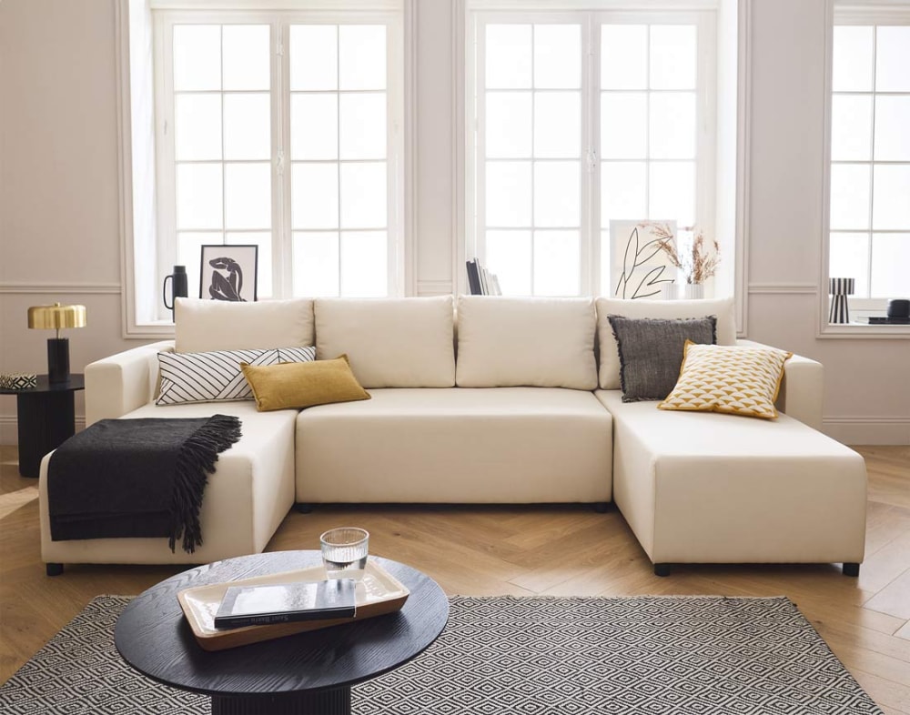 Canapé panoramique 7 places convertible avec coffre en tissu beige - Maisons du Monde